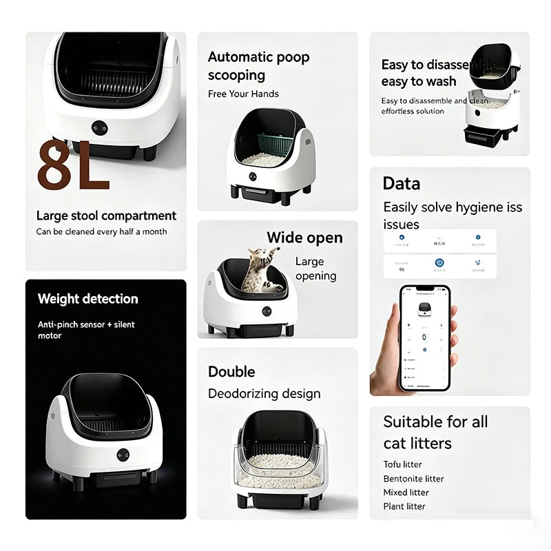 OEM 68L Open-design Automatic Cat Litter Box Self Cleaning Sensor Safety Protection Smart Pet Health Monitor System Cat Toilet