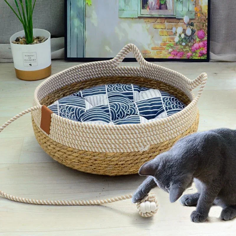 Removable Woven Cat Bed Upholstery Sleeping House Cat Scratch Floor Rattan Wear-resistant Washable Cat Cave Pet Supplies