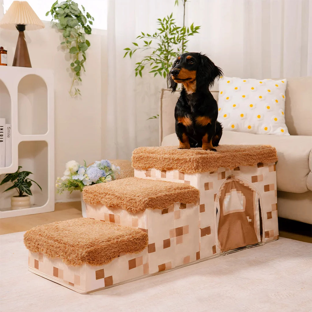 Luxury Retro Pixel 3-Step 2-Step Foldable Dog Steps Handcrafted Non-slip PawGame Blocky Design with Storage for Small Dogs Cats