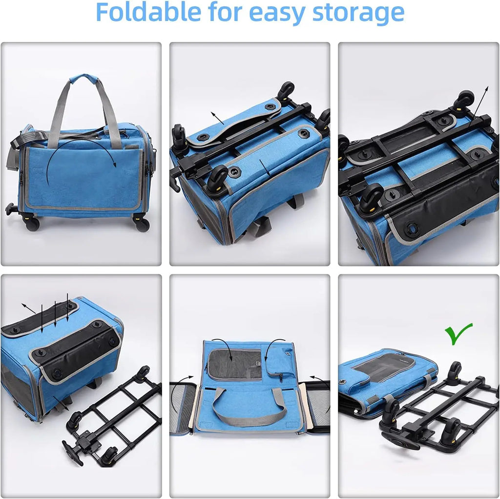 Portable Foldable Pet Carrier with Detachable Wheels Breathable Travel Rolling Dog Carrier for Small Medium Dogs Cats 33 Pounds
