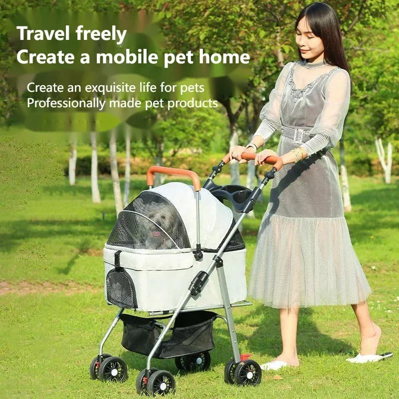 Foldable Pet Stroller for Dogs Cats Lightweight with Bag Detachable External Push Dog Walking Detachable Dog Carry
