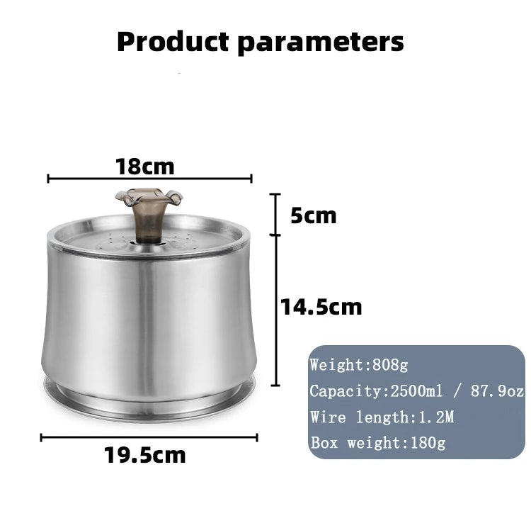 304 Stainless Steel Smart Cat Water Fountain Feeder 2.5L Automatic Pet Water Dispenser Large Capacity Filter Cat Water Feeder