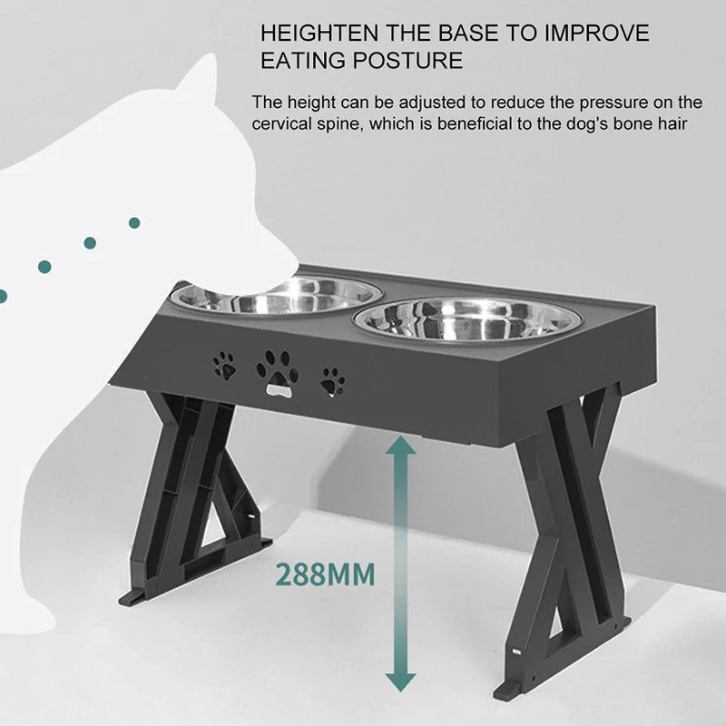 Raised Pet Bowl Stainless Steel Double Bowls Stand Non-Slip No Spill Dog Smart Height Adjusts Cervical Protectionto Large Dogs