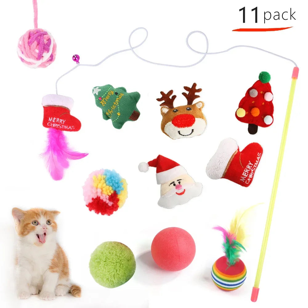 Merry Christmas Santa Claus Teaser Stick Ball Feather Plush Toy Set Wholesale Cat and Dog Products Christmas Gift for Pets