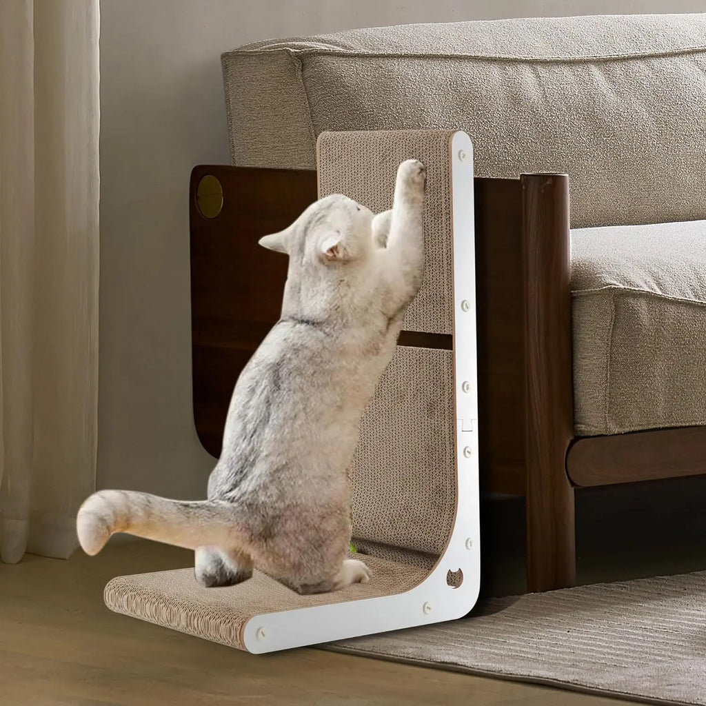 Cardboard Cat Scratcher Vertical Cat Scratching Board L-Shape Indoor Cat Scratch Pads with Built-in Catnip Toy Balls Wall-Mount
