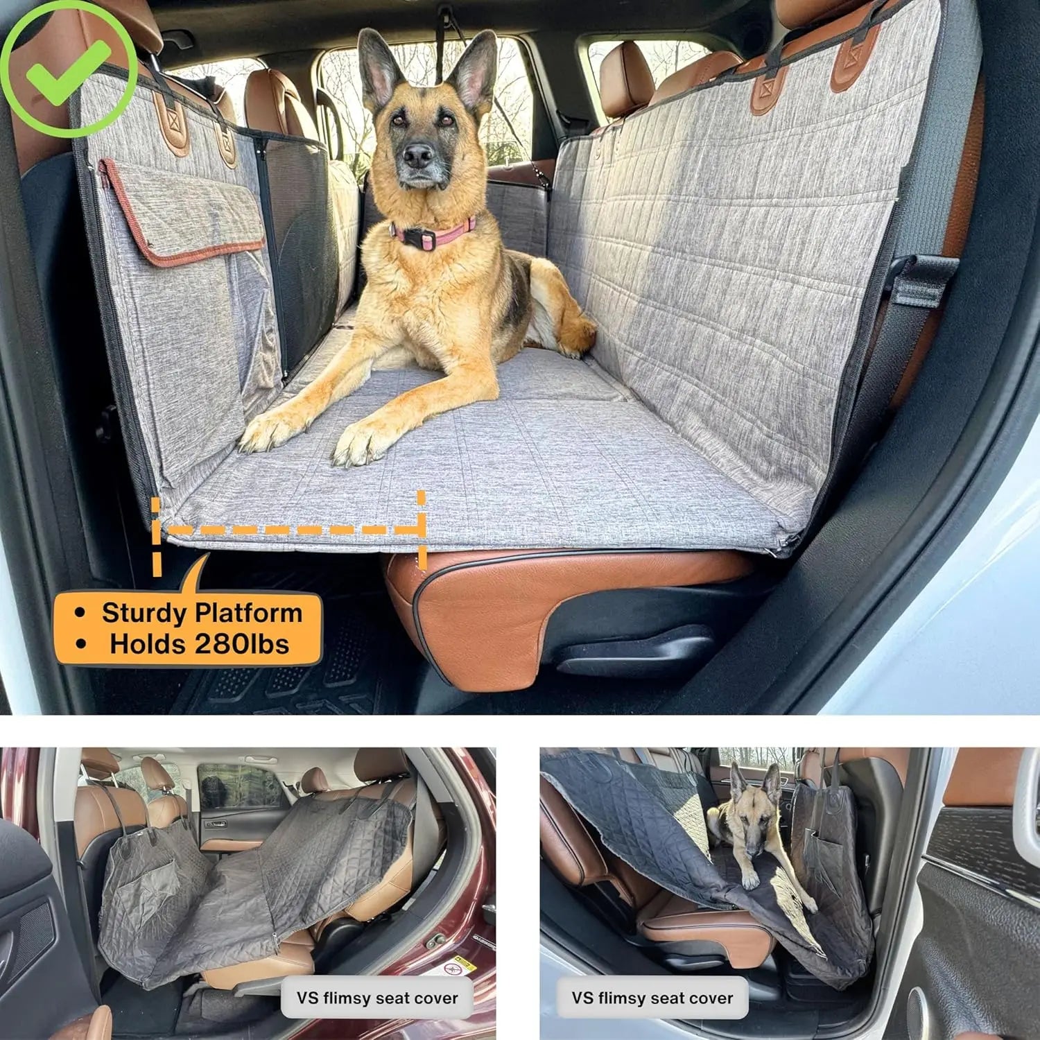 Backseat Extender for Dogs Waterproof Hard Bottom Dog Car Seat Cover with Door Covers Seat Extender with Mesh Window and Storage
