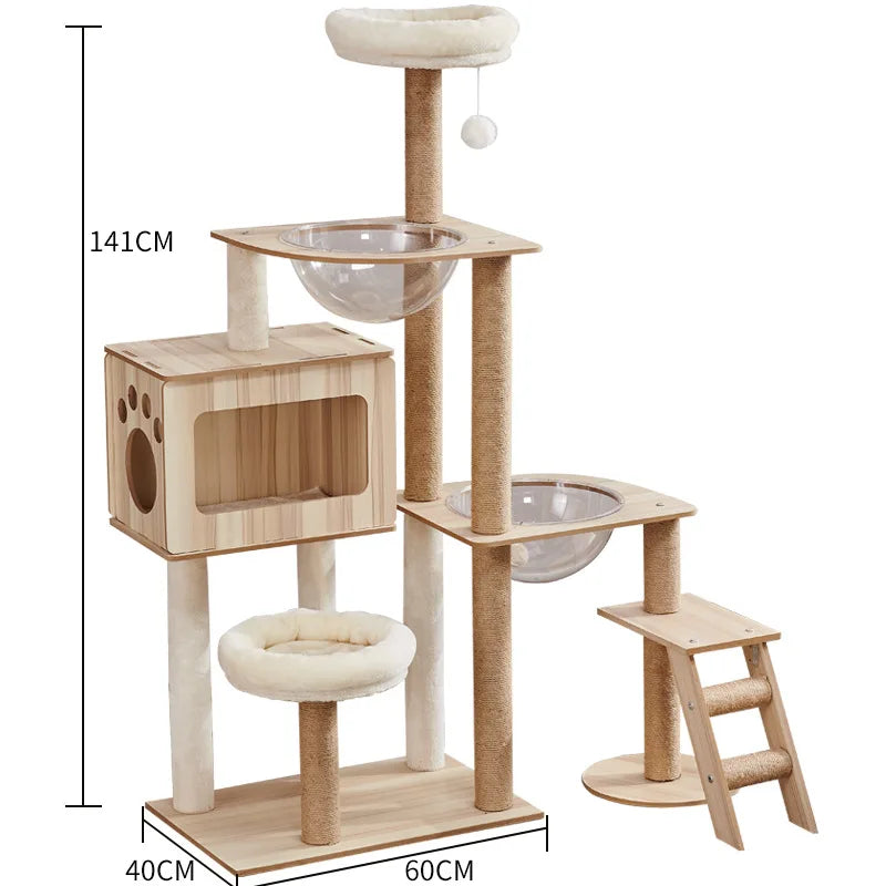 Eco-Friendly Cat Scratcher Tower with Sisal Posts and Wood Frame Cat Toys Tree Hammock Climbing Frame Carton Packed