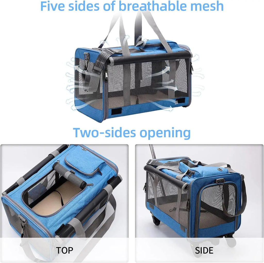 Portable Foldable Pet Carrier with Detachable Wheels Breathable Travel Rolling Dog Carrier for Small Medium Dogs Cats 33 Pounds
