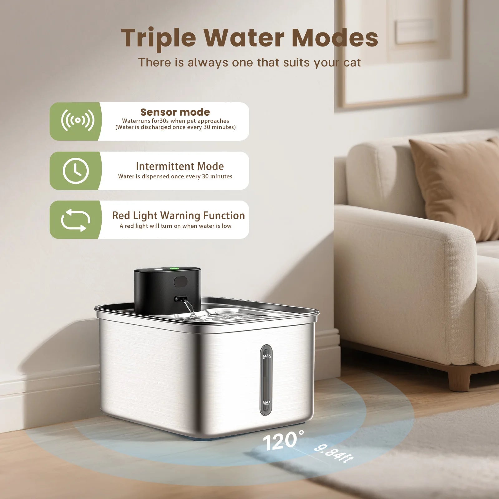 OEM 3.5L Wireless Stainless Steel Cat Water Fountain 108oz/3.2L 3-Modes Indoor Cordless Battery Pet Drinking Fountain Automatic
