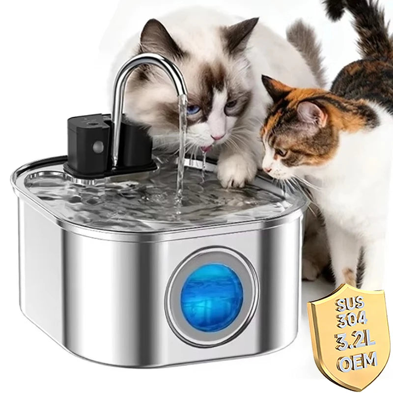 3.2L Motion Sensor Automatic Cat Fountain USB Rechargeable Battery Dual Power Indoor Wireless Pet Fountain Stainless Steel