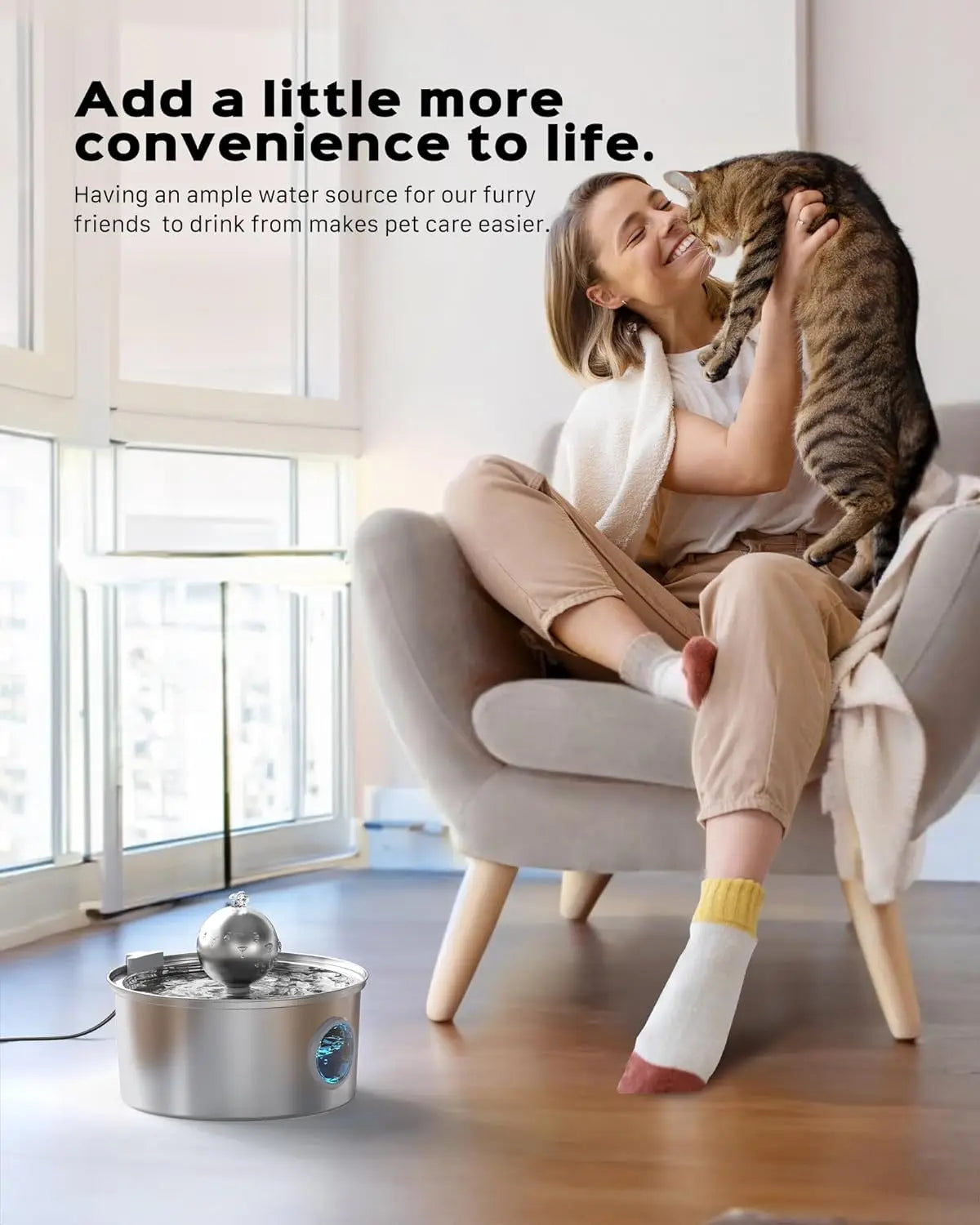 OEM 3.2L Automatic Eco-Friendly Cat Water Fountain with Quiet Stainless Steel Ball and Water Level Window Pet Water Fountain