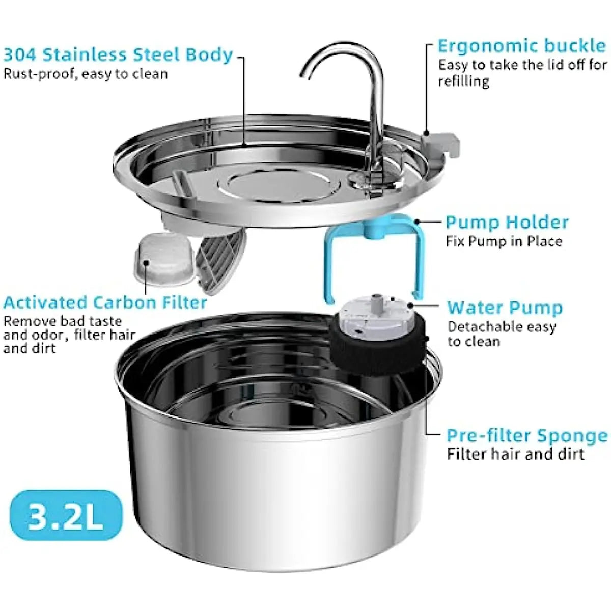 OEM 3.2L Automatic Cat Water Fountain Stainless Steel Eco-Friendly Double Filtration System Ultra-Quiet Pump Pet Water Dispenser