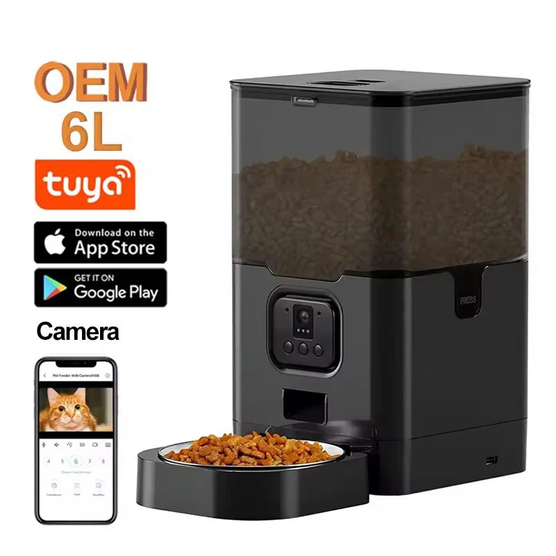 OEM 6L Automatic Pet Feeder With Camera Tuya App Control 2way Audio Cat Dog Dry Food Dispenser Wifi Smart Pet Feeder With Camera