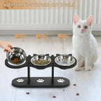 3 Bowls Wooden Elevated Cat Feeder Stand with 15 Angle Adjustable Stainless Steel Food & Water Bowls Pet Feeding