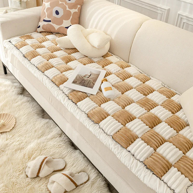 Anti-Slip Modern Luxury Cat Sofa Protector Cream-Coloured Plaid Square Pet Mat Bed Couch Cover Breathable Plush