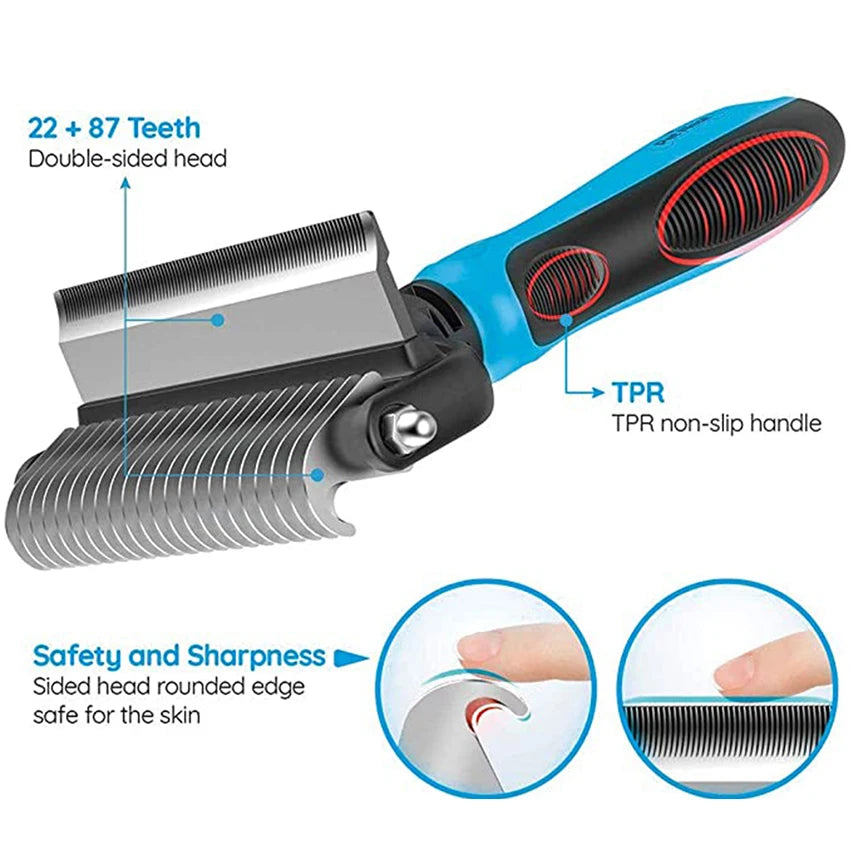 2 Sided Stainless Steel Pet Hair Remover Brush Comb for Dog Deshedding Mats & Tangles Grooming Tool