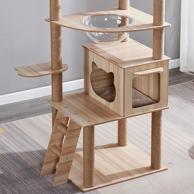 Eco-Friendly Cat Scratcher Tower with Sisal Posts and Wood Frame Cat Toys Tree Hammock Climbing Frame Carton Packed