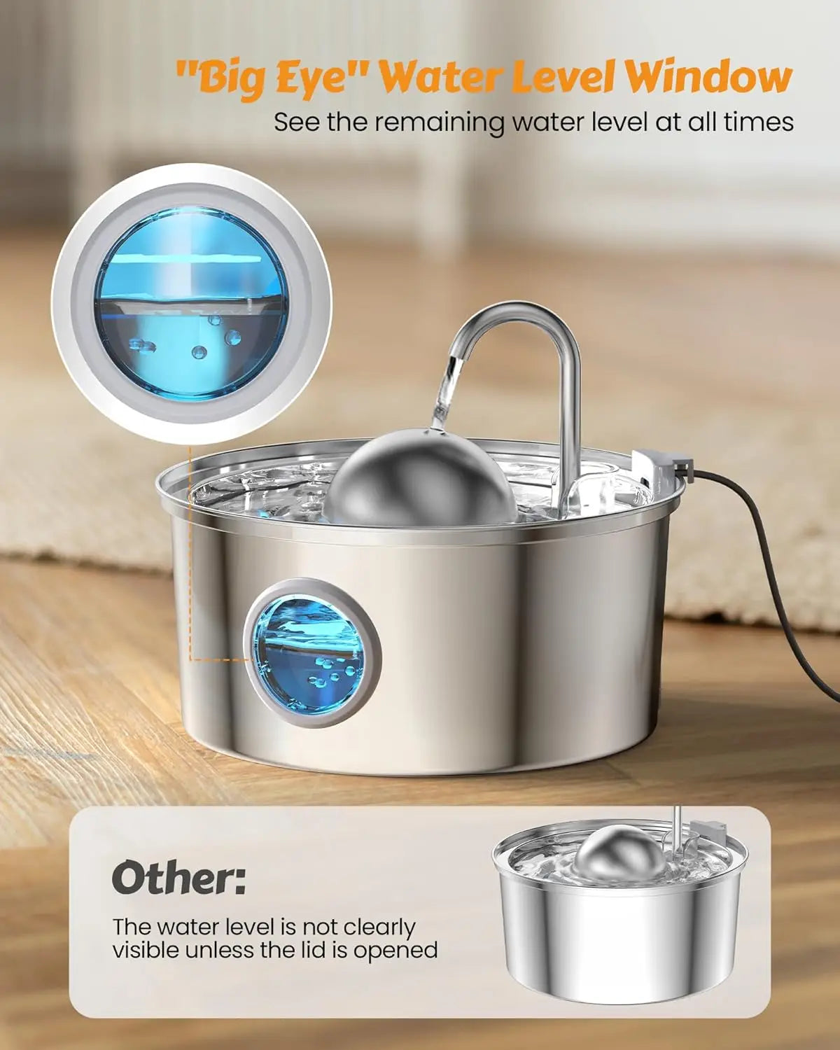 108oz/3.2L Stainless Steel Automatic Pet Water Fountain with Sphere for Outdoor Travel Cat Water Fountain Cat Products