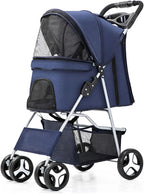 4 Wheels Pet Travel Trolley Cat Dog Jogger Stroller with Cup Holder and Storage Basket Pet Pushchair for Small Medium Cats Dogs