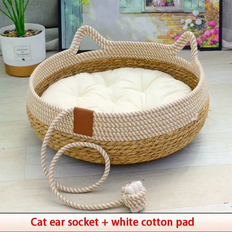 Removable Woven Cat Bed Upholstery Sleeping House Cat Scratch Floor Rattan Wear-resistant Washable Cat Cave Pet Supplies