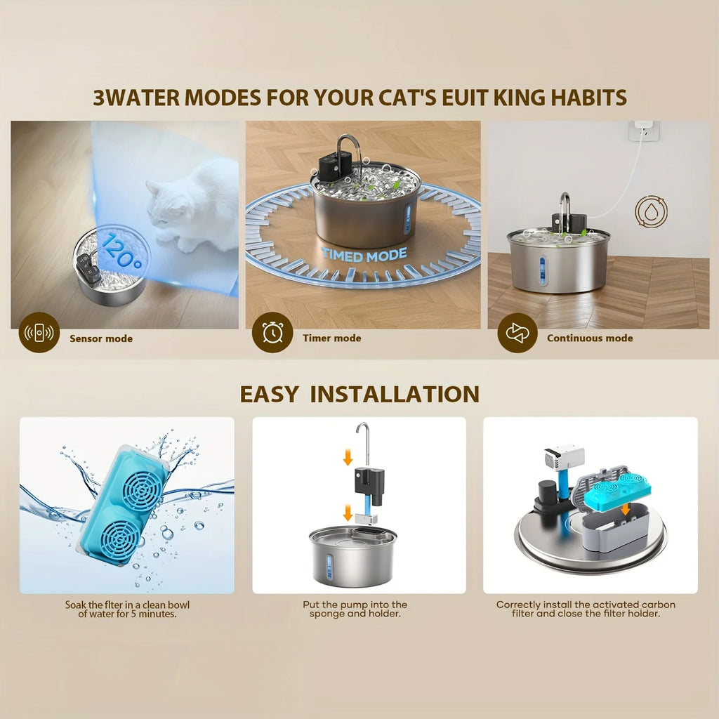OEM 3.2L Wireless Pet Water Dispenser USB/Battery Stainless Steel Cat Water Fountain with Visible Window Remote Control