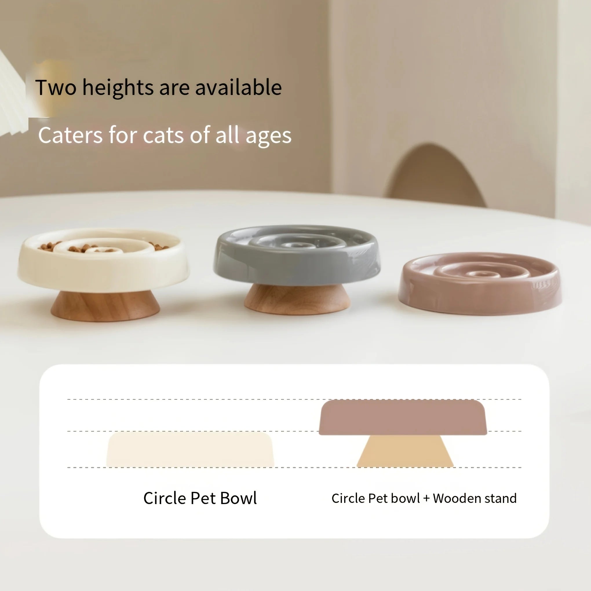 Ceramic Cat Bowl Slow Feeder Bowl for Pets Anti-Chok Cat Food and Water Dish with Neck Protection Wood Stand-for Dogs