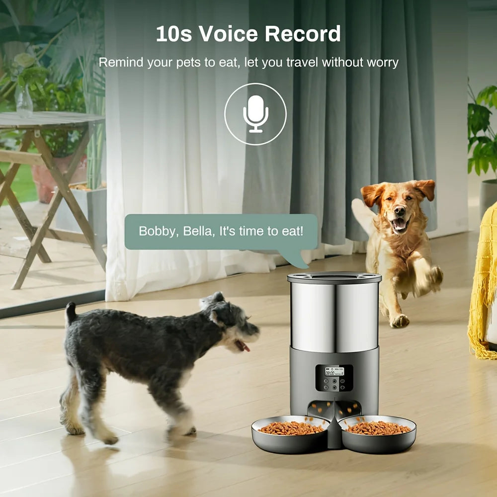 Dual Bowls Automatic Pet Feeder for Cats and Small to Medium Dogs 4.5L Stainless Steel Dispenser with Dual Power Button Control