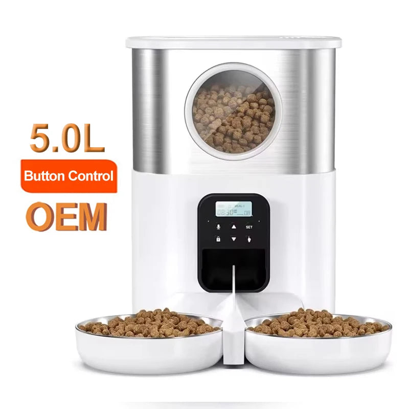 5L Dual Bowls Stainless Steel Automatic Cat Feeders Timed Pet Dry Food Dispenser with Voice Record Button Control for Two Cats