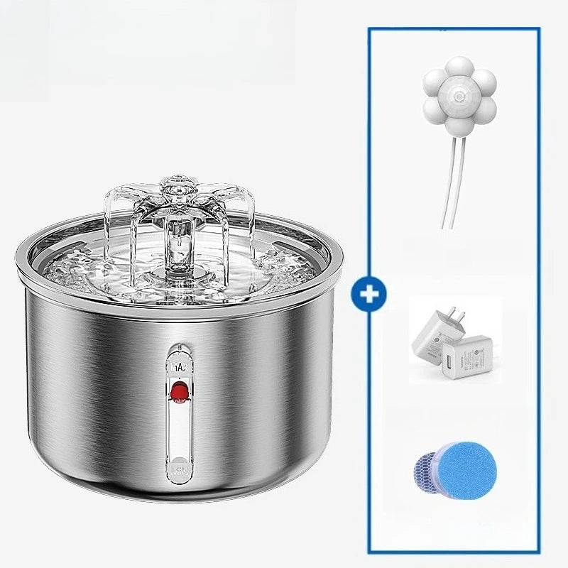 Factory Hot 67oz/2L Automatic Cat Water Fountain Stainless Steel Pet Water Dispenser with Flower Effluent Water Level Window