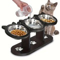 3 Bowls Wooden Elevated Cat Feeder Stand with 15 Angle Adjustable Stainless Steel Food & Water Bowls Pet Feeding