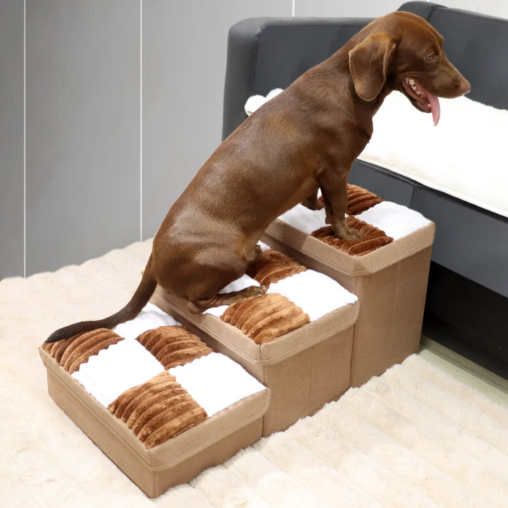 Luxury Chessboard Handcrafted 3 Steps Dog Stairs With Storage Napsteps Foldable Dog Bed Space Convenient Safe Pet Stairs for Dog