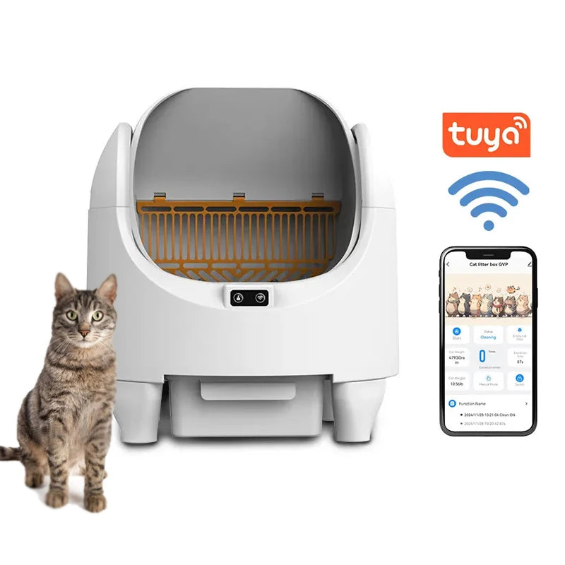 Self Cleaning Plastic Smart Litter Box for Multiple Cats 80L Automatic APP Control Odor Removal Safety