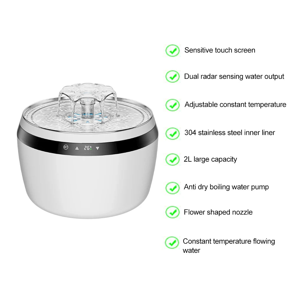 2025 New 2L OEM Smart Cat Water Fountain Touch Screen Heated Controllable Temperature Sensor Automatic Cat Water Dispenser