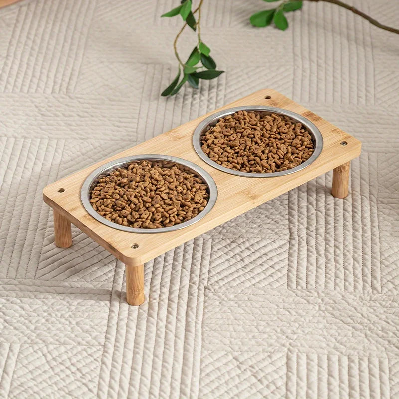 3 Bowls Natural Bamboo Elevated Cat Feeder Set with 3 Stainless Steel Bowls Anti-Vomiting Design for Indoor Pet Feeder