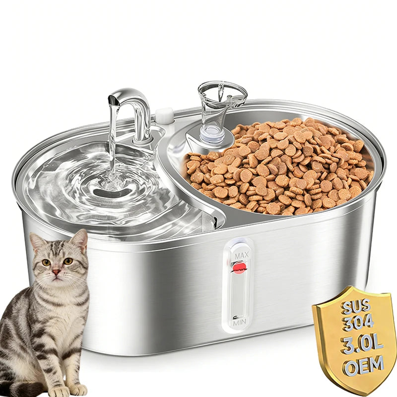 3L Cat Water Fountain with Food Storage Dog Feeder Two Bowls Stainless Steel Smart Cat Water Drinking Bowl Pet Water Dispenser