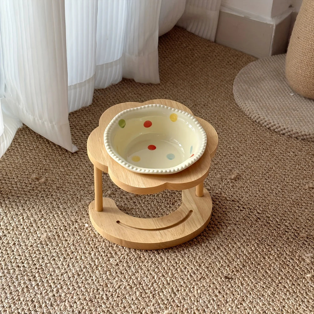 Ceramic Cat Bowl with Wooden Floral Stand Elevated Anti-Slip Pet Feeding Dish Thickened Cute Pet Bowl Set for Cat & Dog