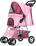 4 Wheels Pet Travel Trolley Cat Dog Jogger Stroller with Cup Holder and Storage Basket Pet Pushchair for Small Medium Cats Dogs