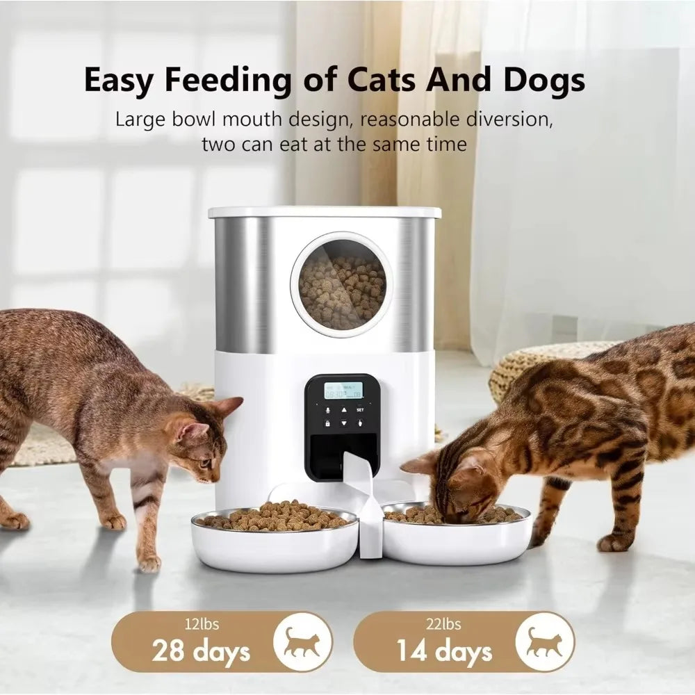 5L Dual Bowls Stainless Steel Automatic Cat Feeders Timed Pet Dry Food Dispenser with Voice Record Button Control for Two Cats