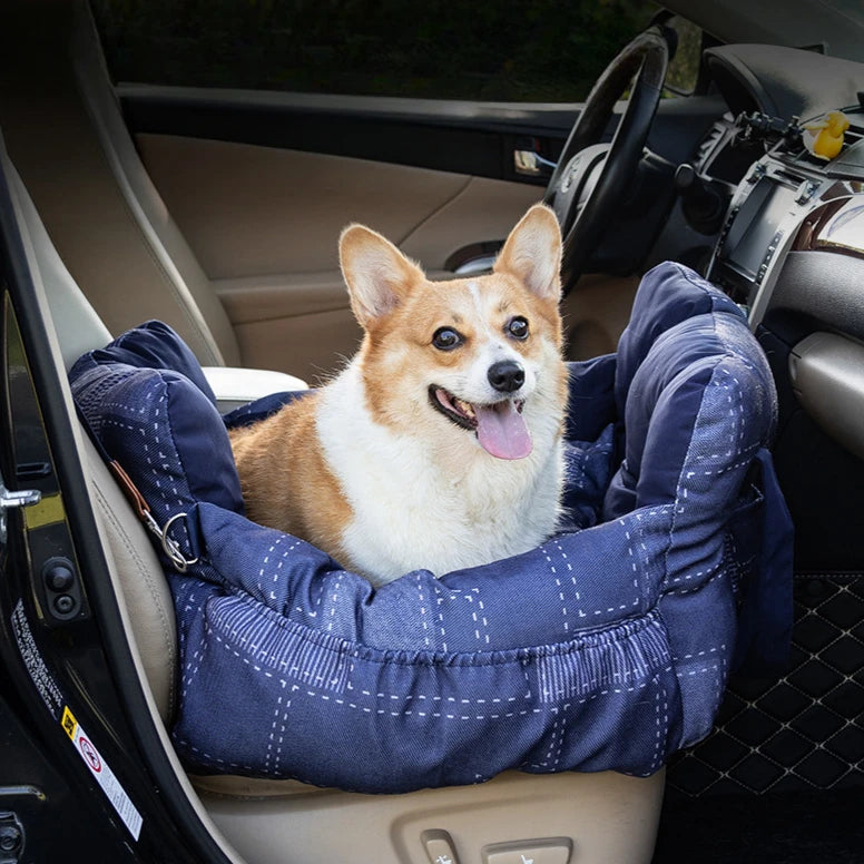 Travel Safety Bolster Vintage Denim Patchwork Dog Car Seat Bed with Safety Buckle Customized LOGO Luxury Dog Beds Pet Car Seat