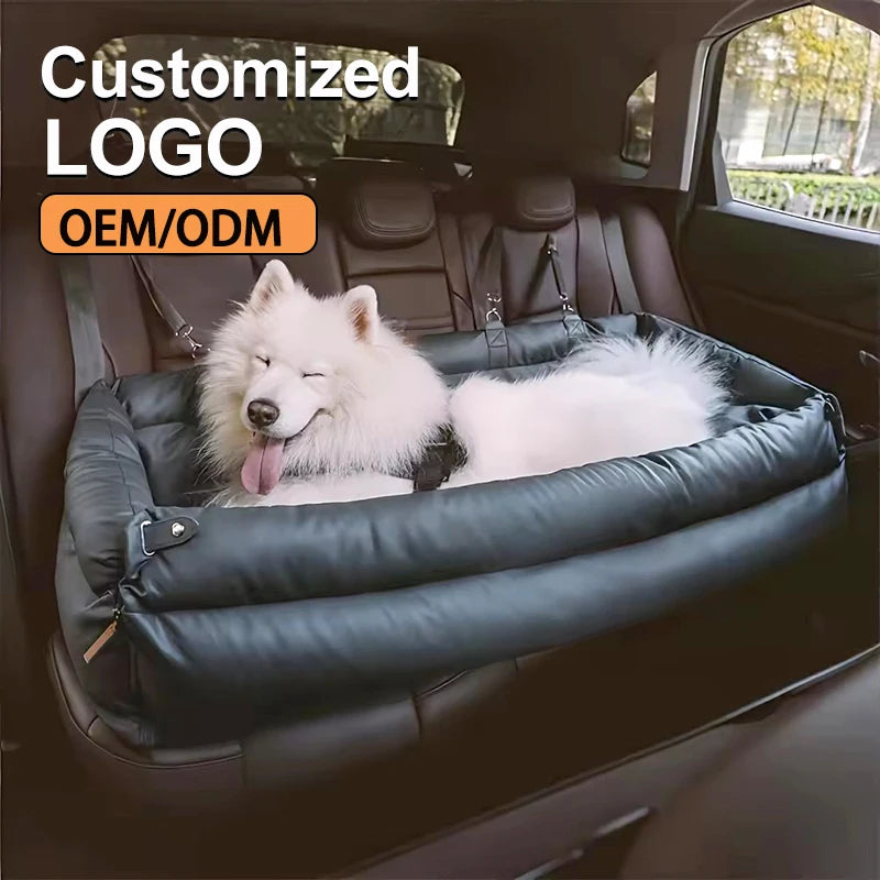 Custom Logo Color Luxury Dog Car Seat Bed with Faux Leather & Cotton Double Seats Safety Buckle Dog Beds
