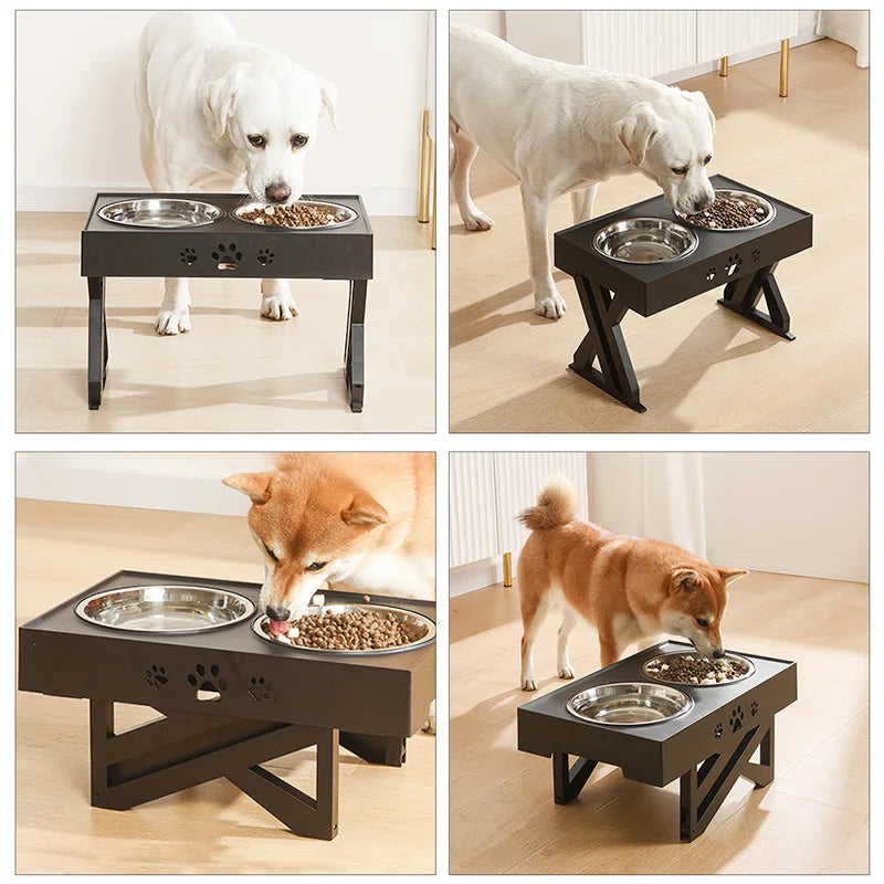 Raised Pet Bowl Stainless Steel Double Bowls Stand Non-Slip No Spill Dog Smart Height Adjusts Cervical Protectionto Large Dogs