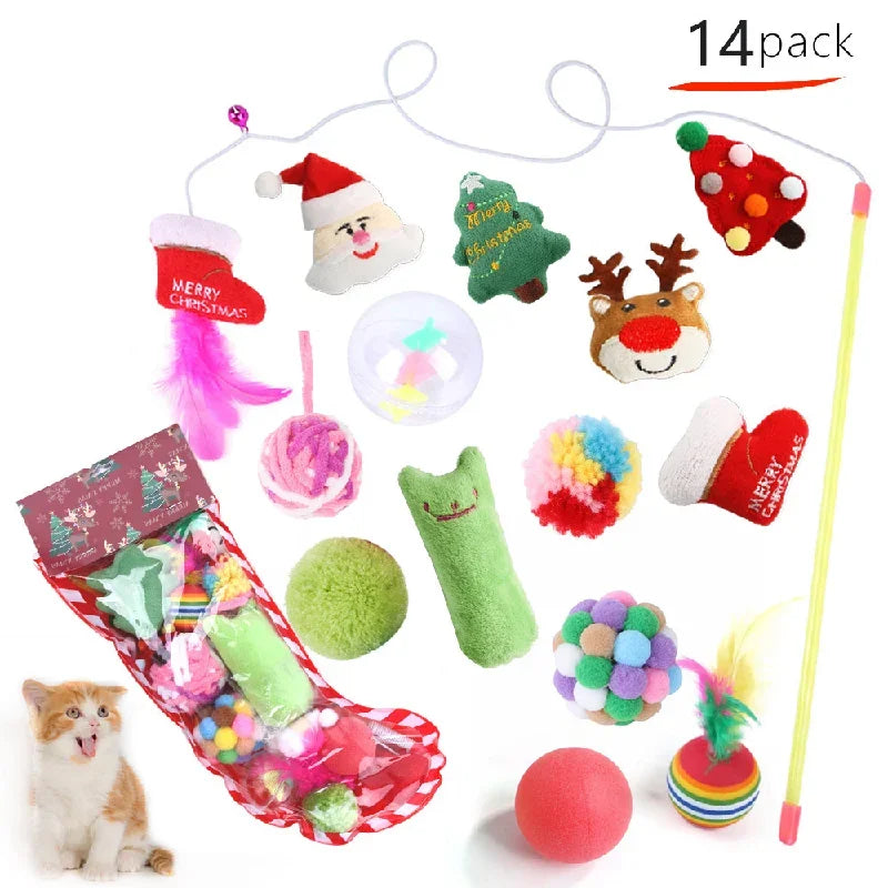 Merry Christmas Santa Claus Teaser Stick Ball Feather Plush Toy Set Wholesale Cat and Dog Products Christmas Gift for Pets