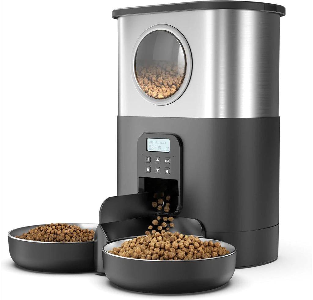5L Automatic Cat Feeders for Two Cats Stainless Steel 2 Bowls Pet Feeder for Cats Dogs Timed Cat Feeder Pet Dry Food Dispenser
