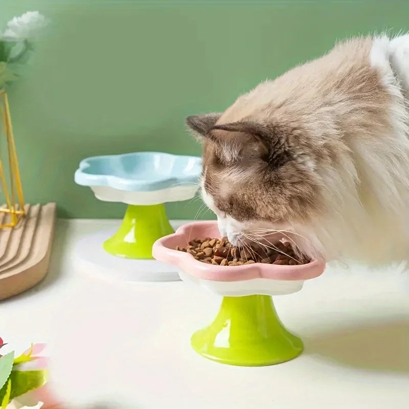 Ceramic Cat Bowl Flower Design Cat Food Bowl High Foot Water Plate Snack Dish with Stand for Neck Protection Drinking Water