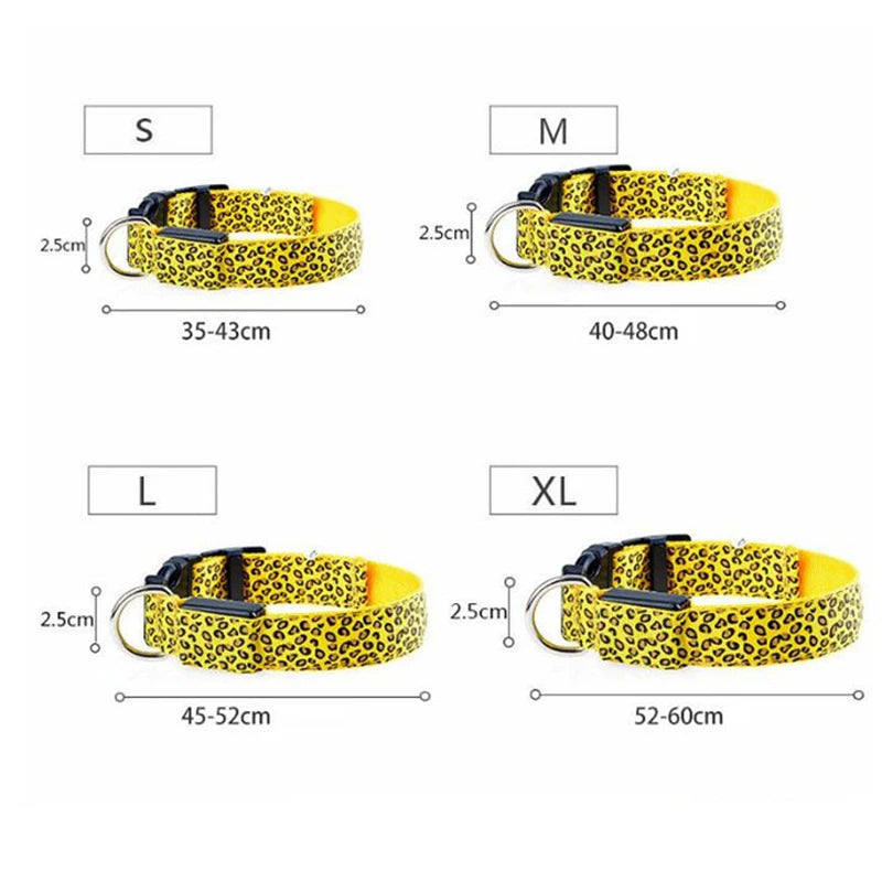Adjustable Nylon LED Dog Collar Luminous Leopard Print Glowing Lights Electronic Pet Collars Night Safety Flashlight LED Collars