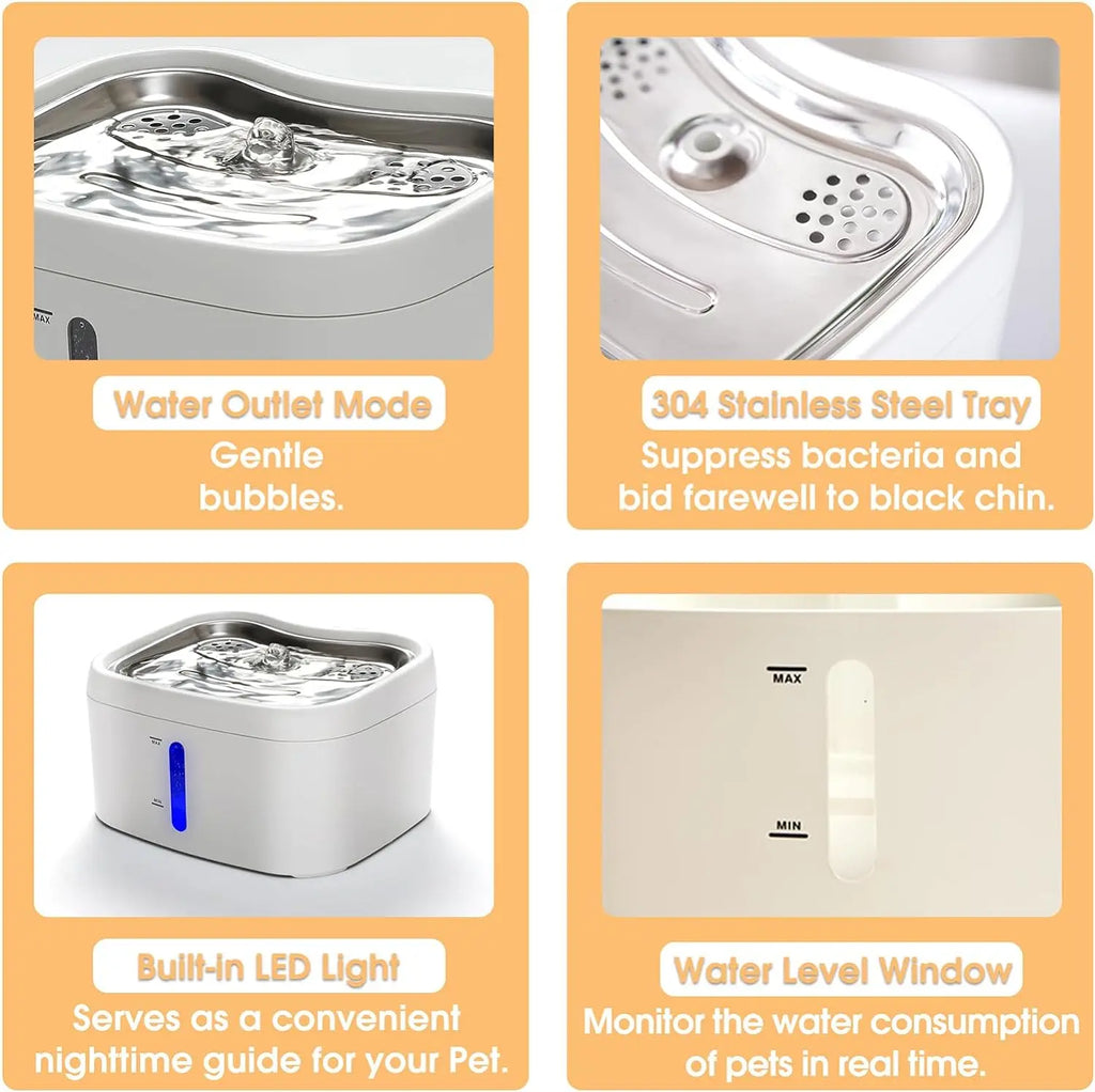 Factory Wireless Cat Water Fountain 2.5L/84oz Weighting Water Level Window LED Light Automatic Pet Water Dispenser OEM ODM