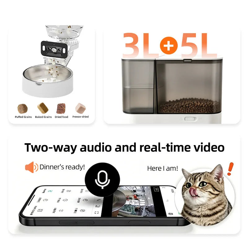 2026 New 5L Automatic Cat Feeder with Stainless Steel Water Bowl Dog 5G Smart Pet Feeder with Camera Voice Interaction OEM ODM