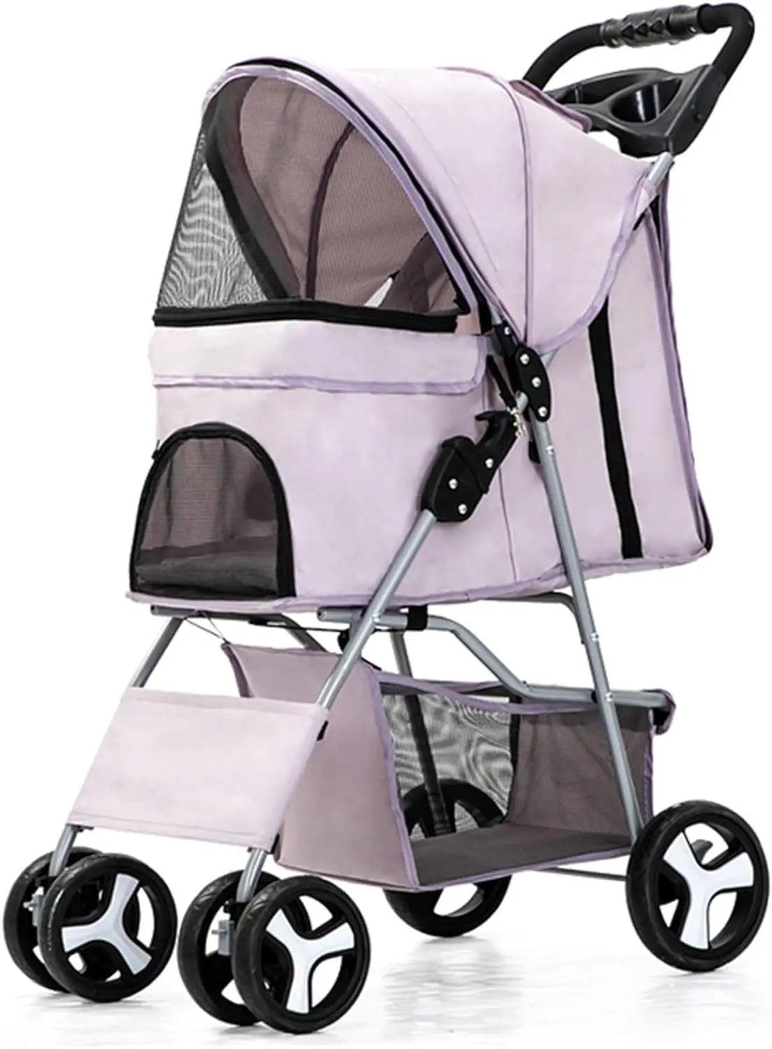 4 Wheels Pet Travel Trolley Cat Dog Jogger Stroller with Cup Holder and Storage Basket Pet Pushchair for Small Medium Cats Dogs