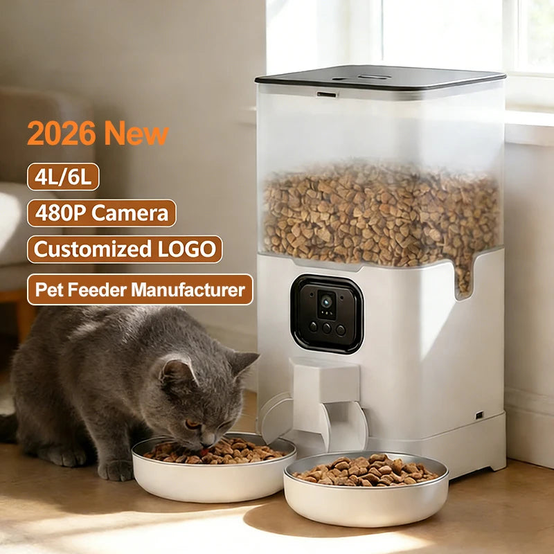 2026 NEW OEM 4/6L Automatic Pet Feeder With Camera Dual Bowls 480P Camera Smart Dog Feeder With TUYA APP Pet Feeder Manufacturer