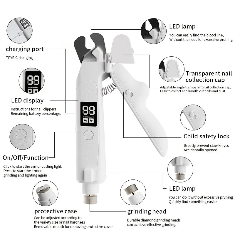 2 in 1 Pet Nail Trimmer Electric Dog Nail Grinder with 2 LED Lights USB Rechargeable Cat Nail Clipper Suitable for Dogs and Cats